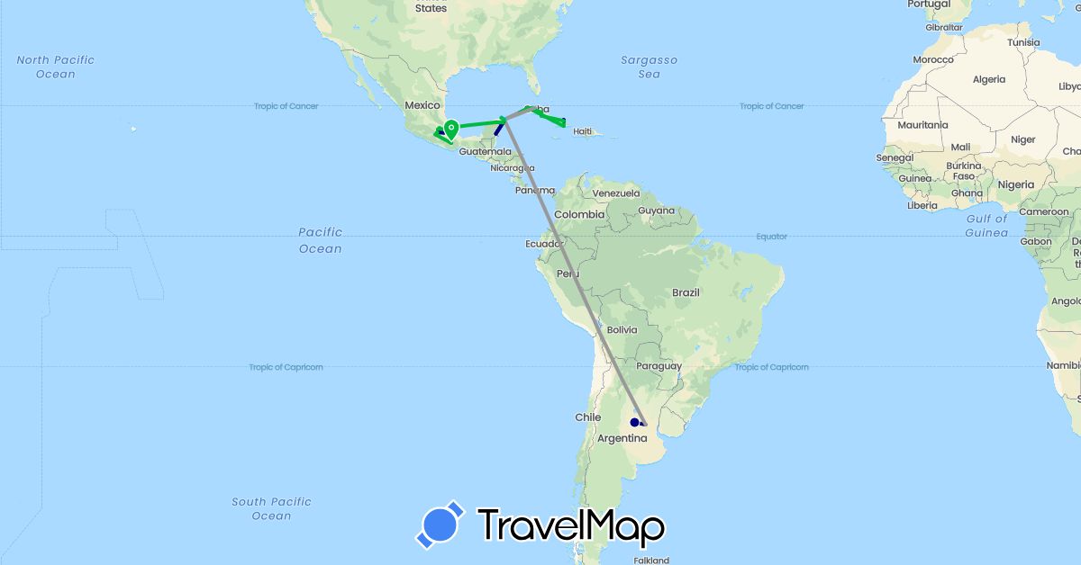 TravelMap itinerary: driving, bus, plane, boat in Argentina, Cuba, Mexico (North America, South America)